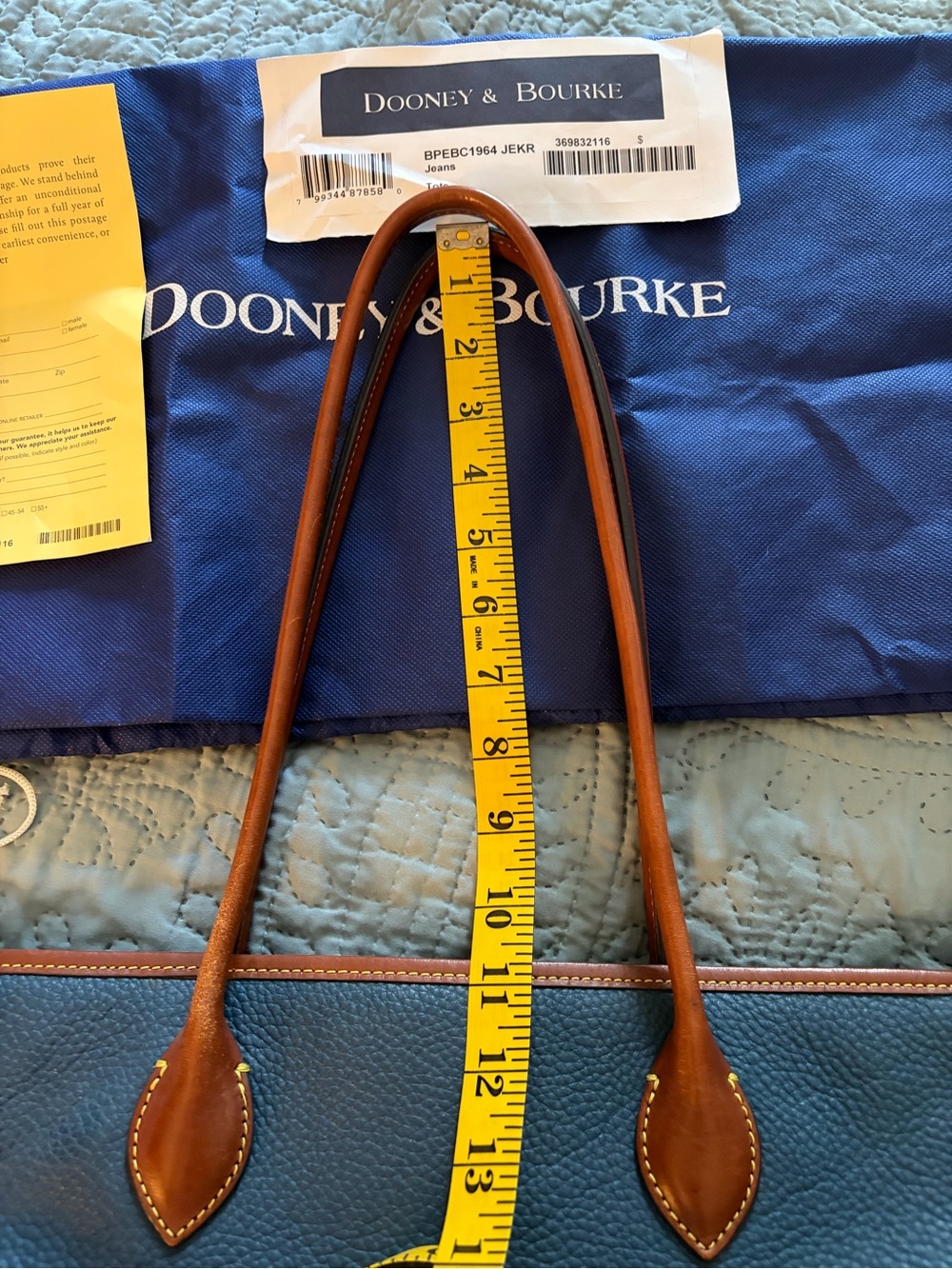 Dooney & Bourke denim blu Pebbled Leather Tote with Brown Trim and Gold Hardware - Picture 9 of 11